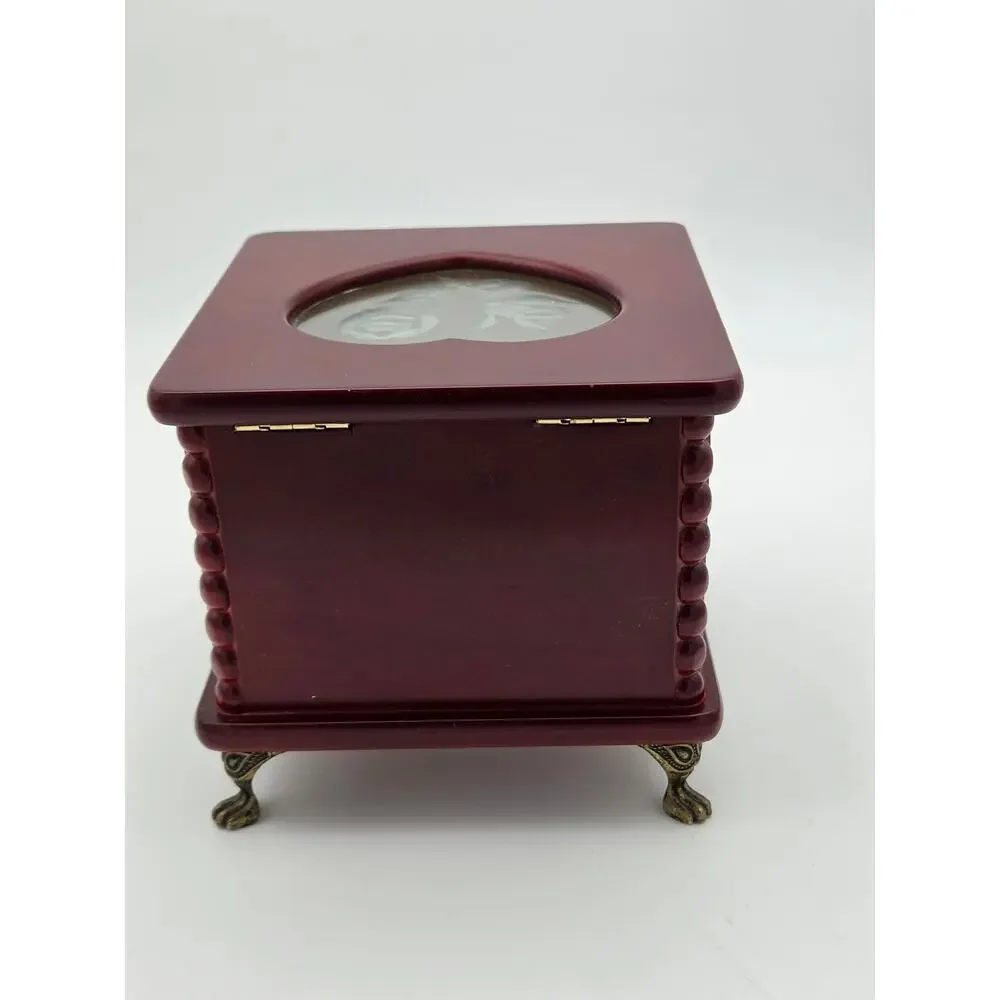 Vintage 1990s Wooden Jewelry Box Etched Glass Rose Heart Chery Wood